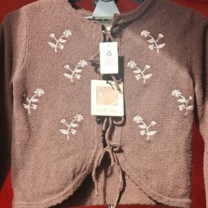 NWT Wild Skye Brown Floral Embroidered Tie Front Cardigan Sweater Women’s Small